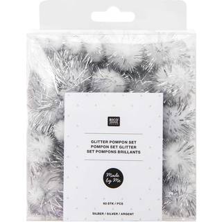 Glitter Pompons 63 Stück - Silber