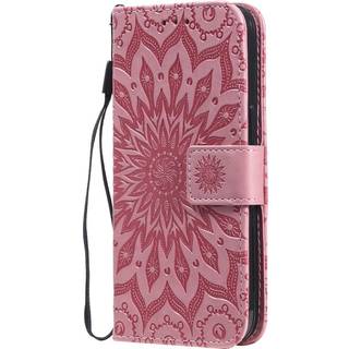iPhone 15 Læder Flip Cover m. Pung og Strop - Mandala Blomst - Lyserød