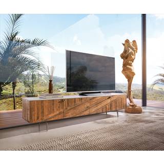 Lowboard Bahan 200 cm Mango Teak 4 Türen Marmorplatte weiss Winkelfuß Edelstahl - Natur, Weiss, Silber