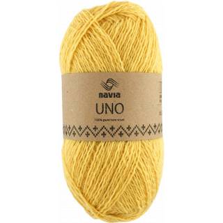 Navia UNO 147 Gul Indhold: 100% Uld Vægt/Længde: 50 g = ca. 350 meter Anbefalede pinde: 2,5 mm Strikkefasthed: 10 cm = 31 masker Vaskes i hånden / Tåler ikke tørretumbling, tørres fladt..