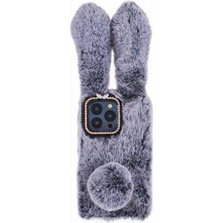 iPhone 15 Pro Fleksibelt Plastik Bagside Cover m. Pels - Kaninører - Grå