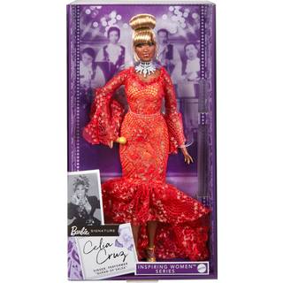 Barbie Inspirerende Women Doll Celia Cruz Queen of Salsa Collectible i r?d blonder kjole med gylden mikrofon & dukke stativ