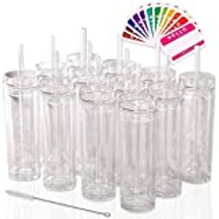 Stratakopper 12 pakker tynde klare tumblere med låg og halmbulk - 16 oz dobbelt væg hvid akryl tumblere med gratis halmrenser og navneskemaer! Ry