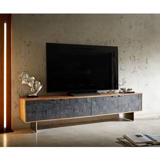 Lowboard Teele 200 cm Akazie Natur Schiefer 4 Türen Fuß schwebend Edelstahl - Natur, Silber