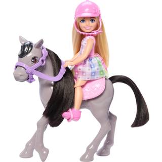 Barbie Chelsea Doll & Horse Toy Set inkluderer hjelmtilbeh?r og sadeldukkeb?jninger p? kn? for at ride gr? pony