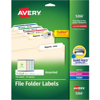 Avery TrueBlock File Folder Labels 2/3 """" X 3-7/16 """" 750 Printable Labels Assorted Colours Permanent (5266)