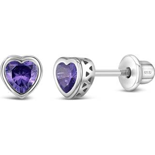 925 Sterling Silver 5mm Simulerede Amethyst F?dselssten Hjerteskrue ?reringe tilbage til sm?b?rn og sm? piger - Hjerteskrue ?reringe tilbage til