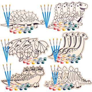 Kids Party Dino Wood Maleri Craft Kits (20ct)- Dinosaur Designs- Hvert sæt har sin egen penselmaling og figur- Sjov unik Valentines Party Activit