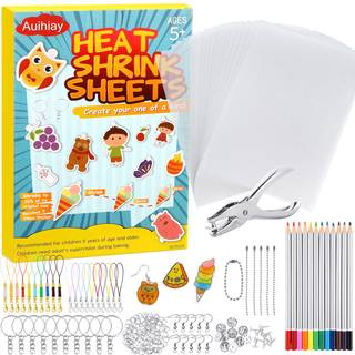 Auihiay 198 stykker krympe Plastik Kit inkluderer 20 ark krympe papirhulle punch n?glering tilbeh?r og blyanter til diy ornamenter eller kreativt