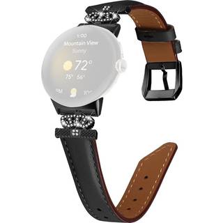 Google Pixel Watch 1 / 2 / 3 Læder Urrem m. Sort Rhinsten Spænde - Sort