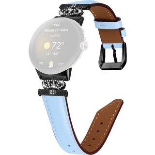 Google Pixel Watch 1 / 2 / 3 Læder Urrem m. Sort Rhinsten Spænde - Blå