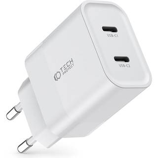 Tech-Protect 20W Vægoplader m. 2 x USB-C - Hvid