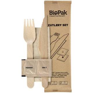Bestikpose 5/1 med træ kniv/gaffel/serviet/salt/peber