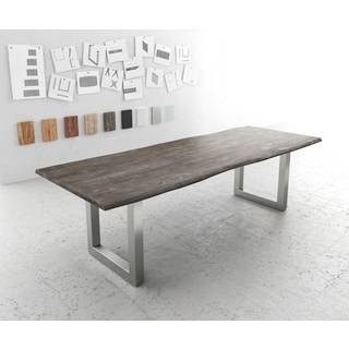 Esstisch Edge 260x100 Akazie Platin Edelstahl Breit Live-Edge - Platin, Silber