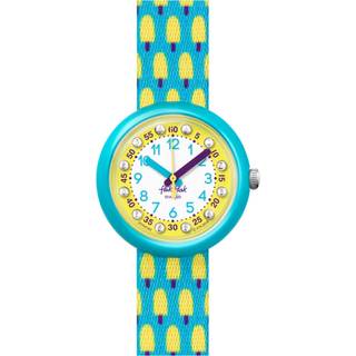 Flik Flak Pool in Miami Lemon Freeze Quartz Movement Yellow Dial Textile Bracelet Kids Watch FPNP062