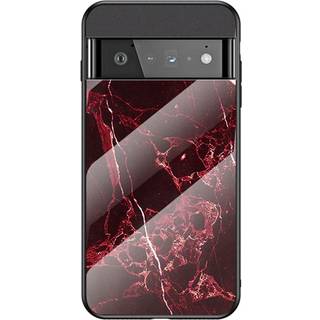 Google Pixel 6 Pro Plastik Cover m. Glasbagside - Sort & Rød Marmor