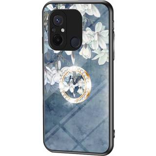 Xiaomi Redmi 12C Plastik Bagside Cover m. Glasbagside & Magnetisk Kickstand / Finger Ring - Blå m. Blomster