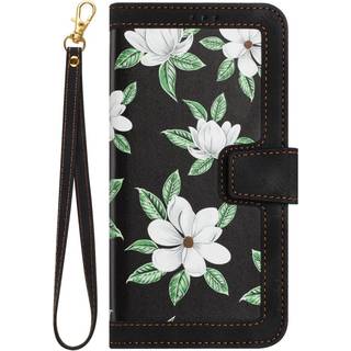 iPhone 15 Pro Max Læder Flip Cover m. Pung & Strop - Sort m. Blomster
