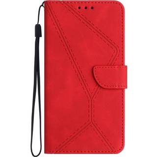 iPhone 15 Pro Max Læder Flip Cover m. Pung & Strop - Line Mønster - Rød