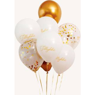 Ballonbuket, guld/hvid, 8 balloner, inkl.vægt/snor