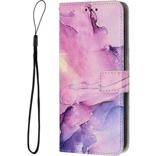 Motorola Edge 40 Pro Blødt Læder Flip Cover m. Pung & Strop - Marmor - Lilla / Lyserød