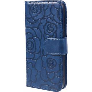 iPhone 15 Pro Læder Flip Cover m. Pung og Strop - Kamelia Blomst - Blå