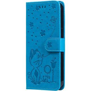 iPhone 15 Pro Læder Flip Cover m. Pung & Strop - Kat Indgravering - Blå