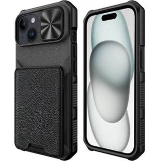iPhone 15 Hybrid Håndværker Bagside Cover m. Kortholder & Cam Slider - MagSafe Kompatibel - Sort