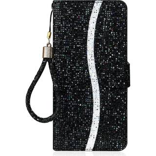 iPhone 15 Pro Læder Flip Cover m. Pung & Strop - Glitter Design - Sort