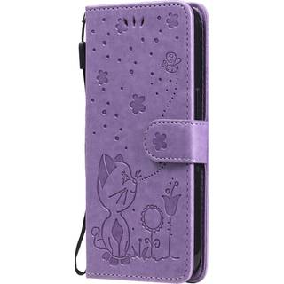 iPhone 15 Læder Flip Cover m. Pung & Strop - Kat Indgravering - Lilla