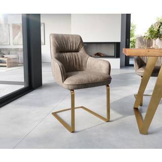 Freischwinger Zelia-Flex mit Armlehnen Mikrofaser Taupe Vintage Freischwinger flach Gold Taschenfederkern - Taupe, Gold