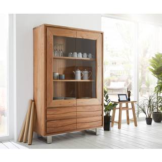 Vitrine Live-Edge 120x190 cm Akazie Natur gerade Kante 2 Türen 4 Schubladen Massiv - Natur, Silber