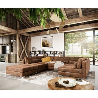 Wohnlandschaft Elio 300x185 cm Lederimitat Vintage Braun Antik mit Hocker