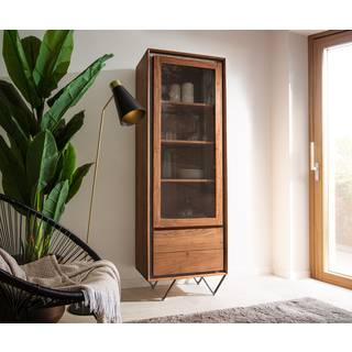 Vitrine Stonegrace 55x180 cm Akazie Braun Steinfurnier 1 Tür 2 Schubladen V-Fuß Schwarz - Braun, Schwarz