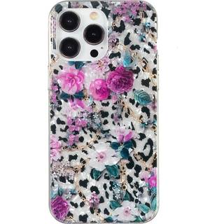 iPhone 15 Pro Fleksibel Plastik Bagside Cover - Leopard og Blomster Mønster