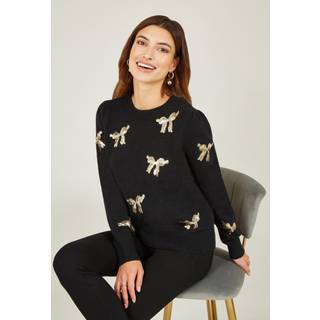 Yumi Yumi Black Sequin All Over Applique Bow Knitted Jumper