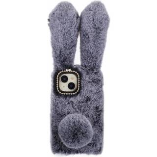 iPhone 15 Fleksibelt Plastik Bagside Cover m. Pels - Kaninører - Grå