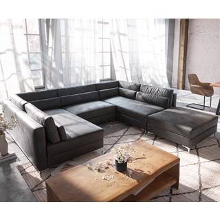 Wohnlandschaft Elio 300x185 cm Lederimitat Vintage Anthrazit mit Hocker