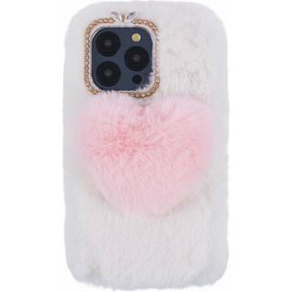 iPhone 15 Pro Fleksibelt Plastik Bagside Cover m. Pels - Hjerte - Rød / Hvid