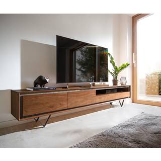 Lowboard Stonegrace 240 cm Akazie Braun Steinfurnier 2 Türen 2 Schubladen 1 Fach V-Fuß Schwarz - Braun, Schwarz