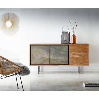 Sideboard Juwelo 150 cm Akazie Natur mit Steinfurnier - Natur, Forest Fire