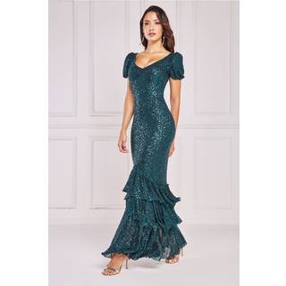 Goddiva Sequin Tiered Hem Maxi Dress Dark Green S (UK10)