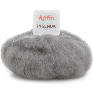 Katia Ingenua 42 Lysegrå Indhold:78% mohair, 13% polyamid, 9% merinould Vægt/længde:50 g = 140 meter Anbefalede pinde:5-5.5mm Strikkefasthed:10 cm x 10 cm = 16 m x 20 r Vask:Finvask 30º / Tåler ikke tørretumbling.