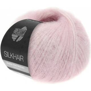 Lana Grossa Silkhair 150 Pastellilla Indhold: 70% mohair, 30% silke Vægt/Længde: 25 g = ca. 210 meter Anbefalede pinde: 4.50-5.00 mm Strikkefasthed: 10 x 10 cm = 22 m x 27 p Vask:Håndvask / Tørres fladt.