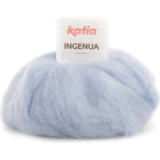 Katia Ingenua 64 Lys himmelblå Indhold:78% mohair, 13% polyamid, 9% merinould Vægt/længde:50 g = 140 meter Anbefalede pinde:5-5.5mm Strikkefasthed:10 cm x 10 cm = 16 m x 20 r Vask:Finvask 30º / Tåler ikke tørretumbling.