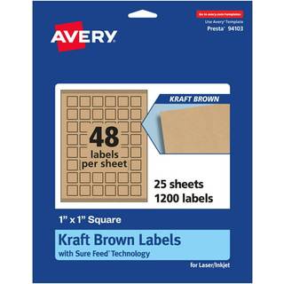Avery Kraft Brown Square-etiketter med sikker foder 1 """" X 1 """" 1 200 Kraft Brown Labels Print-to-the-Edge Laser/Inkjet Printable Labels