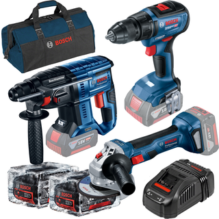 BOSCH Sæt med 3 18V værktøjer Bore-/mejselhammer (GBH 180-LI) Li-Ion, 18V, 2J + Bore-/skruemaskine (GSR 18V-50) Li-Ion, 18V, 50Nm + Vinkelsliber (GWS 180-LI) Li-Ion, 18V, 125 mm +2x batterier Li-Ion, 18V, 5Ah + oplader + værktøjstaske