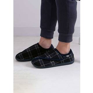 Totes Totes Navy Check Isotoner Mens Velour Closed Back Slippers With Touch Fastening Opening