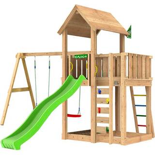 Legetårn komplet Jungle Gym Mansion 2.1 inkl. Swing modul, 120 kg sand og grøn rutsjebane