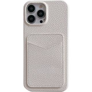 iPhone 15 Pro Litchi Læderbetrukket Plastik Bagside Cover m. Kortholder - Hvid